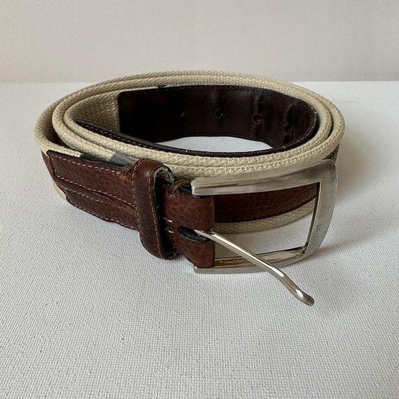 Belt 48 inches white textile brown leather size 40/100 - Picture 1 of 8